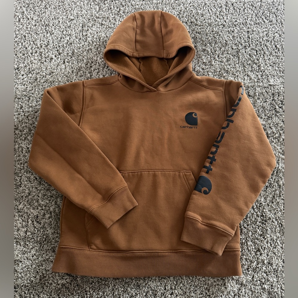 Carhartt Kid’s Brown Pullover Hoodie with Logo Sleeve